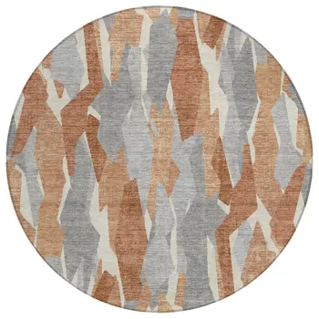 8' Chili Red Granite Gray And Ivory Round Striped Washable Indoor Outdoor Area Rug