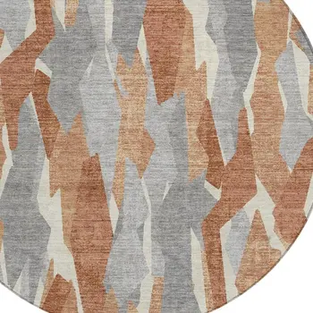 8' Chili Red Granite Gray And Ivory Round Striped Washable Indoor Outdoor Area Rug