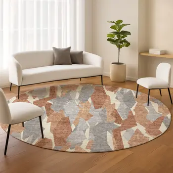 8' Chili Red Granite Gray And Ivory Round Striped Washable Indoor Outdoor Area Rug
