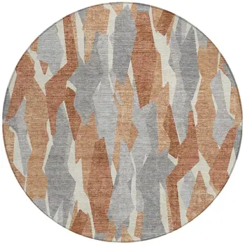 8' Chili Red Granite Gray And Ivory Round Striped Washable Indoor Outdoor Area Rug