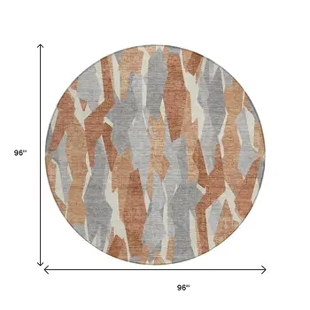 8' Chili Red Granite Gray And Ivory Round Striped Washable Indoor Outdoor Area Rug
