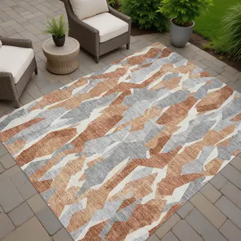 8' X 10' Chili Red Granite Gray And Ivory Striped Washable Indoor Outdoor Area Rug