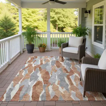 8' X 10' Chili Red Granite Gray And Ivory Striped Washable Indoor Outdoor Area Rug