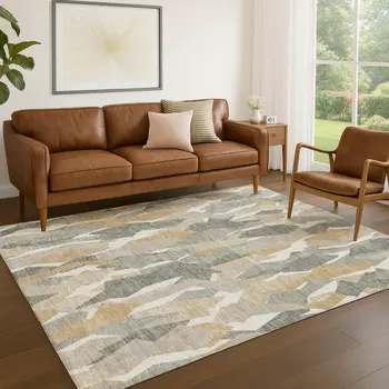 3' X 5' Pewter Wheat And Ivory Striped Washable Indoor Outdoor Area Rug