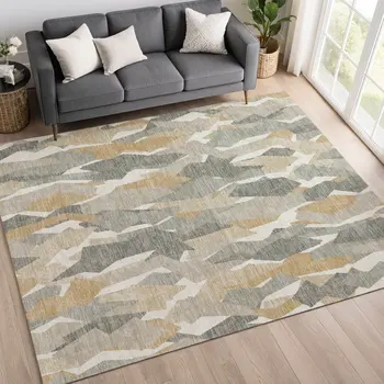 3' X 5' Pewter Wheat And Ivory Striped Washable Indoor Outdoor Area Rug