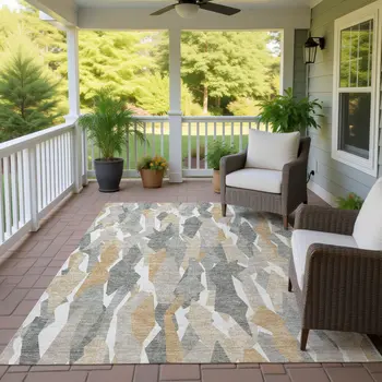 3' X 5' Pewter Wheat And Ivory Striped Washable Indoor Outdoor Area Rug