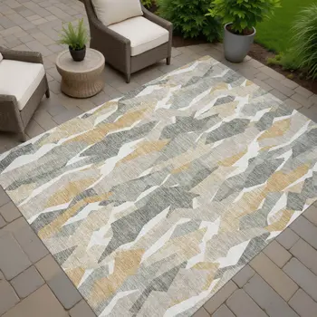 5' X 8' Pewter Wheat And Ivory Striped Washable Indoor Outdoor Area Rug