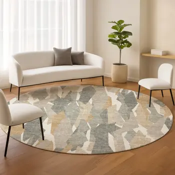8' Pewter Wheat And Ivory Round Striped Washable Indoor Outdoor Area Rug