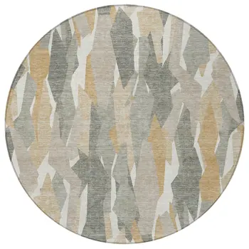 8' Pewter Wheat And Ivory Round Striped Washable Indoor Outdoor Area Rug