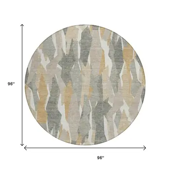 8' Pewter Wheat And Ivory Round Striped Washable Indoor Outdoor Area Rug