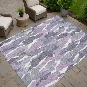 5' X 8' Purple Gray And Ivory Striped Washable Indoor Outdoor Area Rug