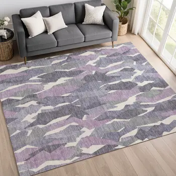 5' X 8' Purple Gray And Ivory Striped Washable Indoor Outdoor Area Rug