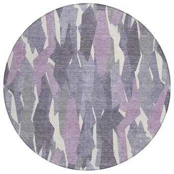8' Purple Gray And Ivory Round Striped Washable Indoor Outdoor Area Rug