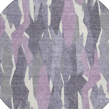 8' Purple Gray And Ivory Round Striped Washable Indoor Outdoor Area Rug