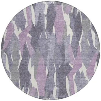 8' Purple Gray And Ivory Round Striped Washable Indoor Outdoor Area Rug