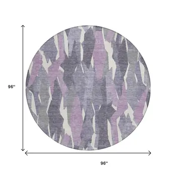8' Purple Gray And Ivory Round Striped Washable Indoor Outdoor Area Rug