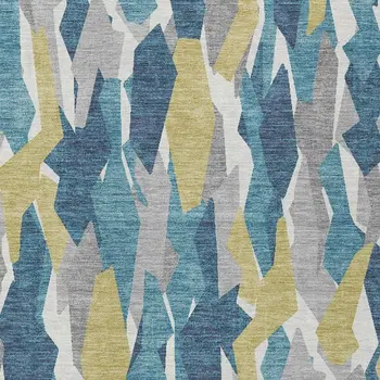 3' X 5' Teal Blue Yellow And Ivory Striped Washable Indoor Outdoor Area Rug
