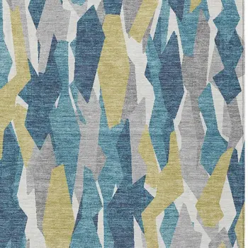 5' X 8' Teal Blue Yellow And Ivory Striped Washable Indoor Outdoor Area Rug