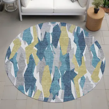 8' Teal Blue Yellow And Ivory Round Striped Washable Indoor Outdoor Area Rug