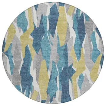 8' Teal Blue Yellow And Ivory Round Striped Washable Indoor Outdoor Area Rug