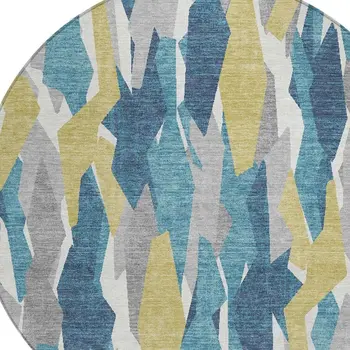 8' Teal Blue Yellow And Ivory Round Striped Washable Indoor Outdoor Area Rug