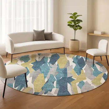 8' Teal Blue Yellow And Ivory Round Striped Washable Indoor Outdoor Area Rug