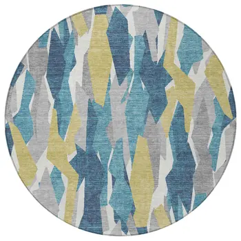 8' Teal Blue Yellow And Ivory Round Striped Washable Indoor Outdoor Area Rug