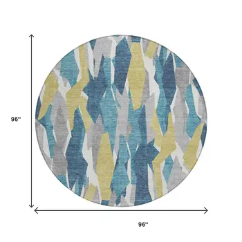 8' Teal Blue Yellow And Ivory Round Striped Washable Indoor Outdoor Area Rug