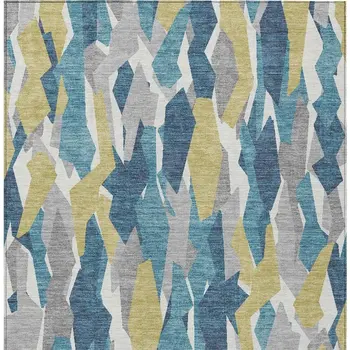 9' X 12' Teal Blue Yellow And Ivory Striped Washable Indoor Outdoor Area Rug