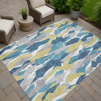 9' X 12' Teal Blue Yellow And Ivory Striped Washable Indoor Outdoor Area Rug