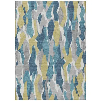 9' X 12' Teal Blue Yellow And Ivory Striped Washable Indoor Outdoor Area Rug