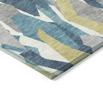 9' X 12' Teal Blue Yellow And Ivory Striped Washable Indoor Outdoor Area Rug