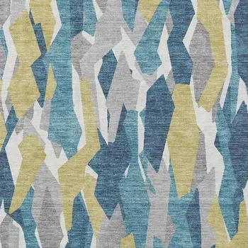 9' X 12' Teal Blue Yellow And Ivory Striped Washable Indoor Outdoor Area Rug