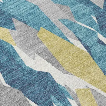 9' X 12' Teal Blue Yellow And Ivory Striped Washable Indoor Outdoor Area Rug