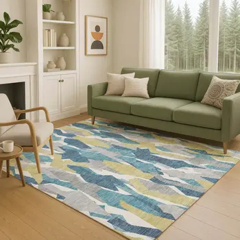 9' X 12' Teal Blue Yellow And Ivory Striped Washable Indoor Outdoor Area Rug