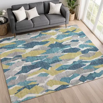 9' X 12' Teal Blue Yellow And Ivory Striped Washable Indoor Outdoor Area Rug