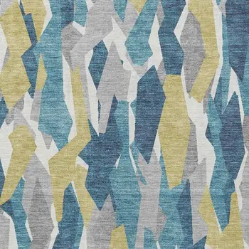 10' X 14' Teal Blue Yellow And Ivory Striped Washable Indoor Outdoor Area Rug