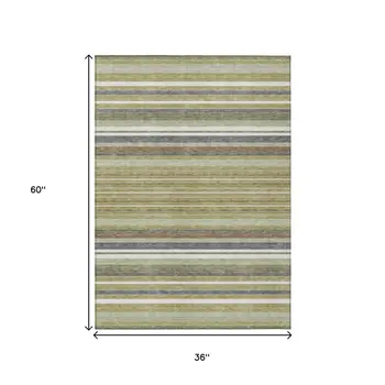 3' X 5' Artichoke Green Pewter And Ivory Striped Washable Indoor Outdoor Area Rug
