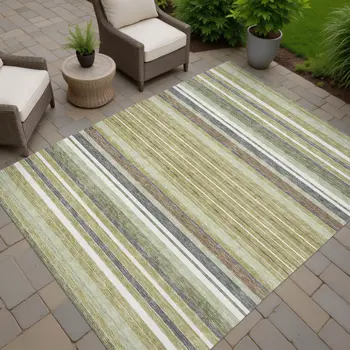3' X 5' Artichoke Green Pewter And Ivory Striped Washable Indoor Outdoor Area Rug