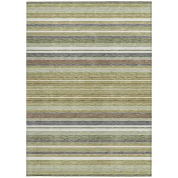 3' X 5' Artichoke Green Pewter And Ivory Striped Washable Indoor Outdoor Area Rug