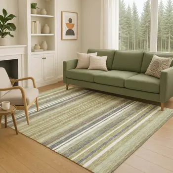 3' X 5' Artichoke Green Pewter And Ivory Striped Washable Indoor Outdoor Area Rug