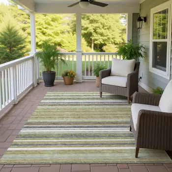 3' X 5' Artichoke Green Pewter And Ivory Striped Washable Indoor Outdoor Area Rug