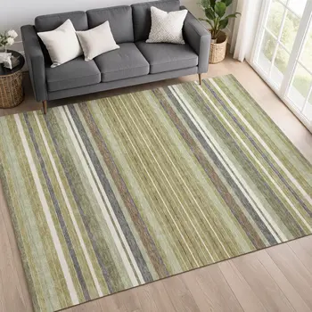 5' X 8' Artichoke Green Pewter And Ivory Striped Washable Indoor Outdoor Area Rug