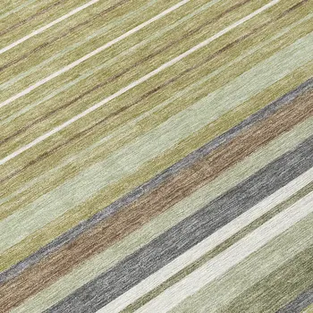 8' Artichoke Green Pewter And Ivory Round Striped Washable Indoor Outdoor Area Rug