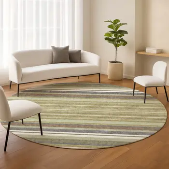8' Artichoke Green Pewter And Ivory Round Striped Washable Indoor Outdoor Area Rug