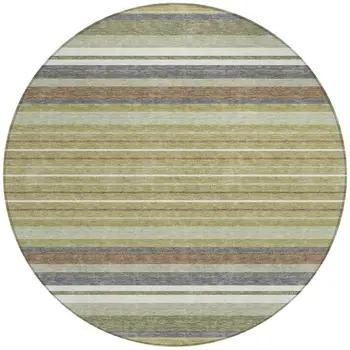 8' Artichoke Green Pewter And Ivory Round Striped Washable Indoor Outdoor Area Rug
