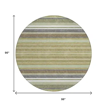 8' Artichoke Green Pewter And Ivory Round Striped Washable Indoor Outdoor Area Rug