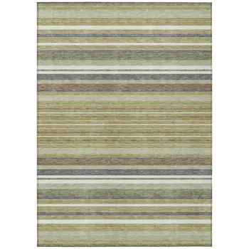 8' X 10' Artichoke Green Pewter And Ivory Striped Washable Indoor Outdoor Area Rug