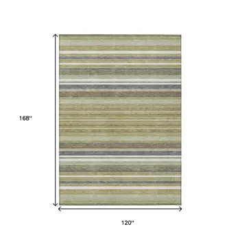 10' X 14' Artichoke Green Pewter And Ivory Striped Washable Indoor Outdoor Area Rug