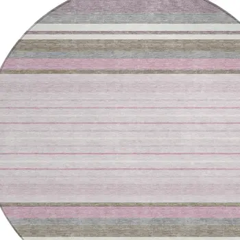 8' Blush Purple And Ivory Round Striped Washable Indoor Outdoor Area Rug